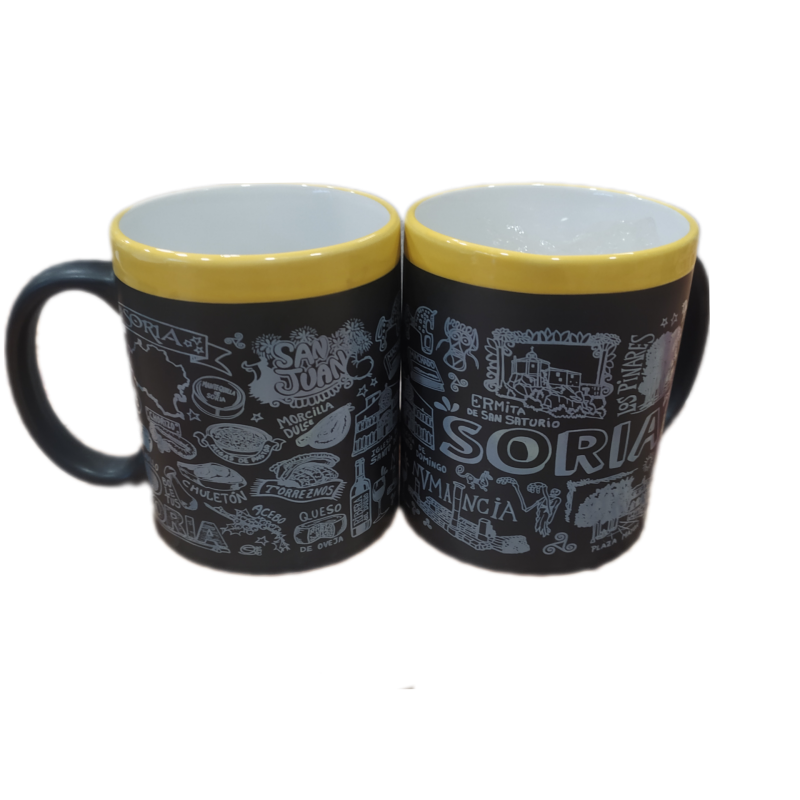 Taza pizarra garabatos de Soria + tiza amarilla