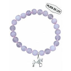 Pulsera Piedra Natural Cuarzo Rosa + Caballo Soria Plata