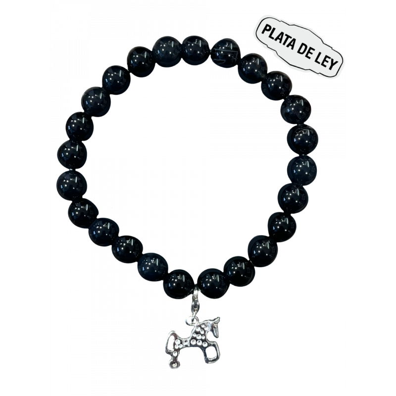 Pulsera Piedra Natural Ónix Negro + Caballo Soria Plata