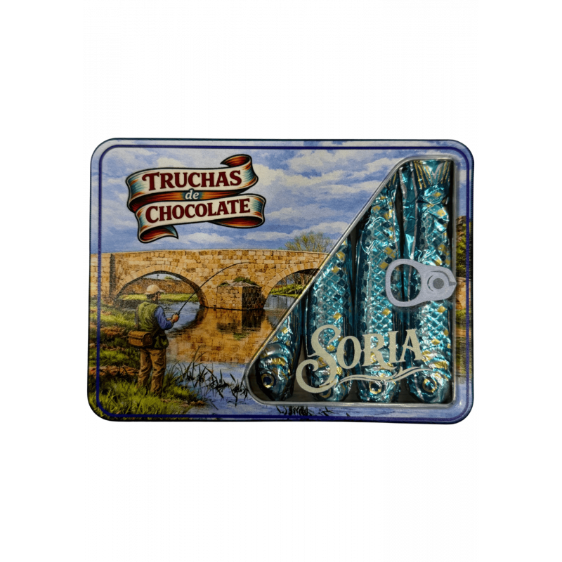 Lata metálica rellena de sardinas de chocolate con leche