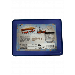 Lata metálica rellena de sardinas de chocolate con leche