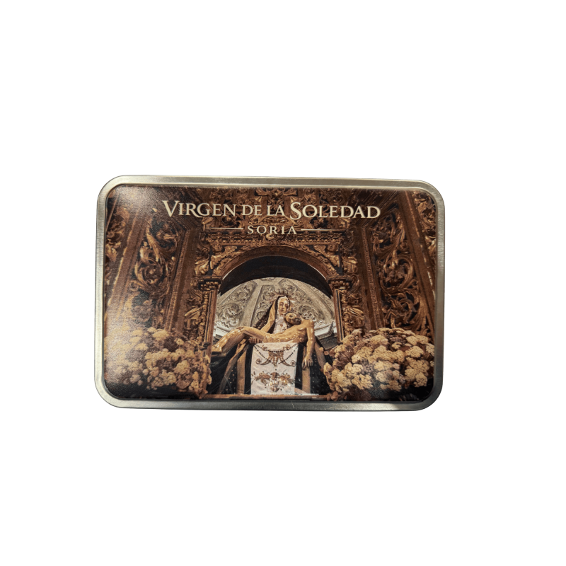 Caja metálica Virgen de la Soledad rellena de caramelos de mantequilla con sal